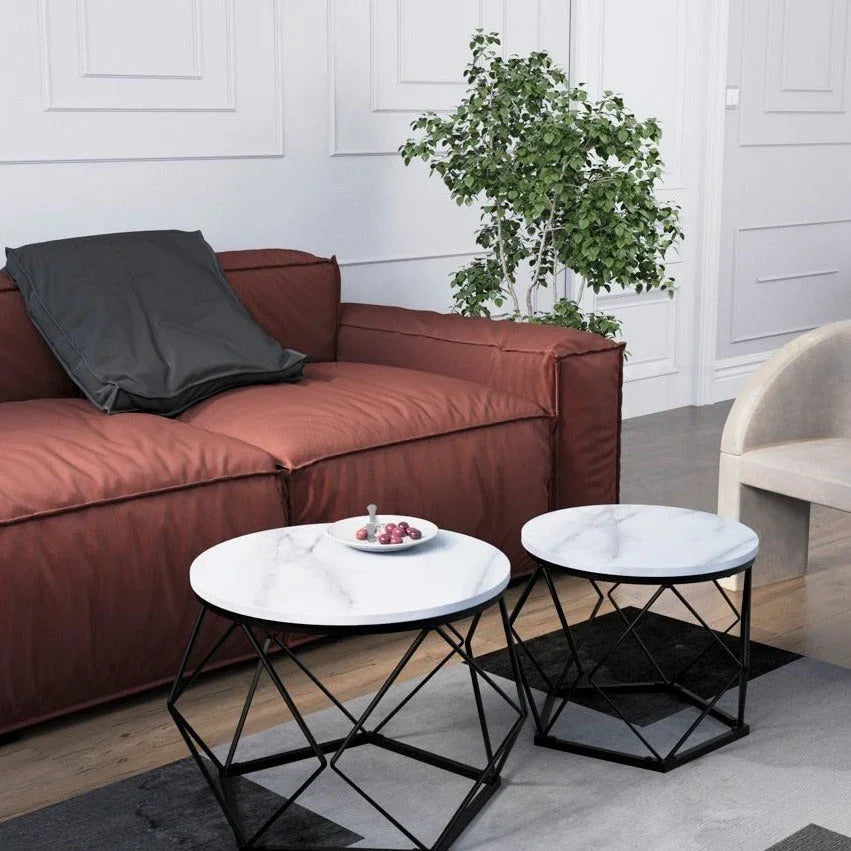 Set of 2 Geometric Nesting Coffee & Side Table, Industrial Style Nest of 2 Geometric Tables Coffee Sofa Side End Table Living Room Furniture, Dark Wood, Grey and Marble House Of Avana [[SKU:HOA-END-404]]