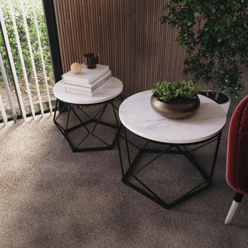 Set of 2 Geometric Nesting Coffee & Side Table, Industrial Style Nest of 2 Geometric Tables Coffee Sofa Side End Table Living Room Furniture, Dark Wood, Grey and Marble House Of Avana [[SKU:HOA-END-404]]