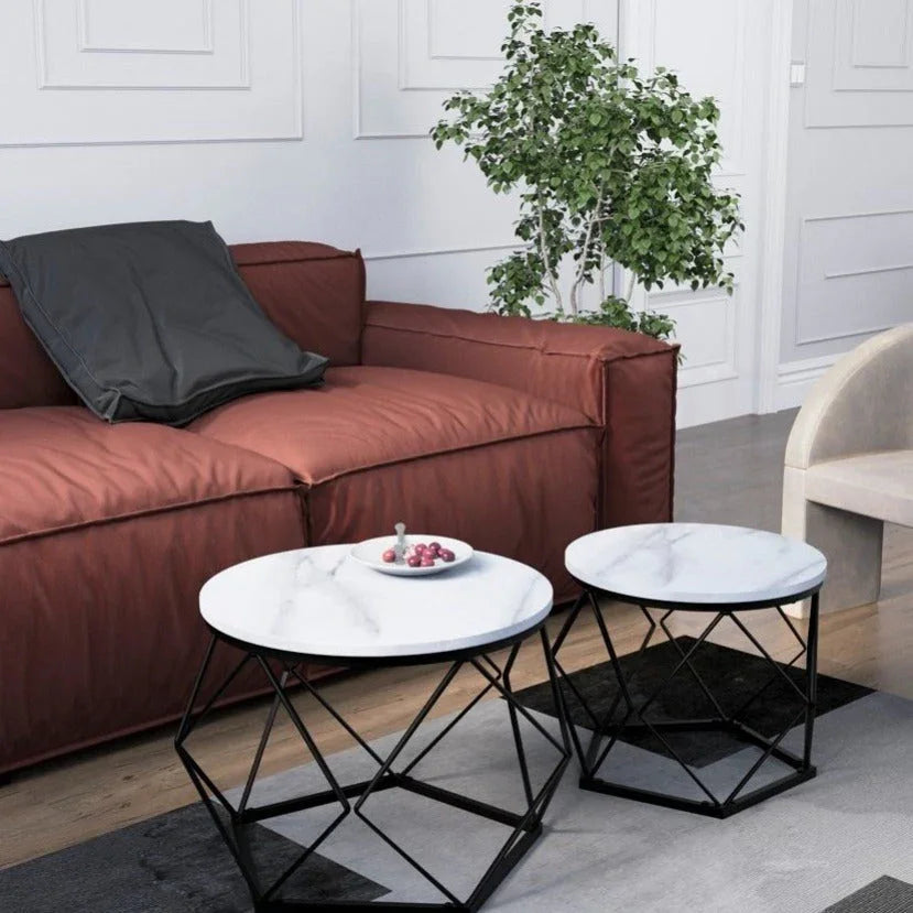 Set of 2 Geometric Nesting Coffee & Side Table, Industrial Style Nest of 2 Geometric Tables Coffee Sofa Side End Table Living Room Furniture, Dark Wood, Grey and Marble House Of Avana