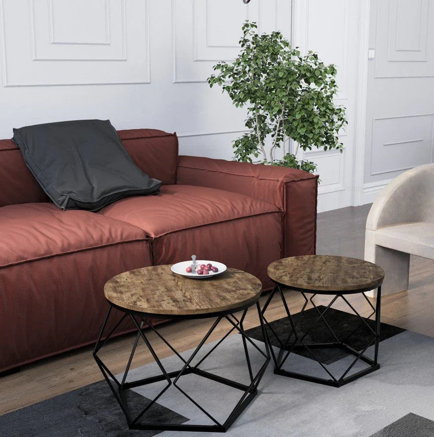 Set of 2 Geometric Nesting Coffee & Side Table, Industrial Style Nest of 2 Geometric Tables Coffee Sofa Side End Table Living Room Furniture, Dark Wood, Grey and Marble House Of Avana