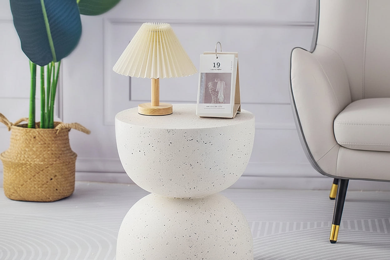 White speckled concrete coffee table marble small with modern two tiered spherical design for living room use