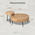Set of two round rustic wooden coffee tables with black metal legs featuring natural wood grain for living room use