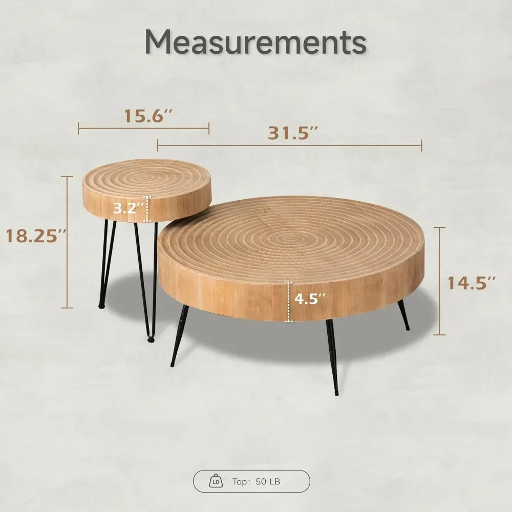 Set of two round rustic wooden coffee tables with black metal legs featuring natural wood grain for living room use