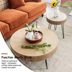 Rounded wooden coffee table with concentric grooves and black metal hairpin legs for rustic wooden living room use