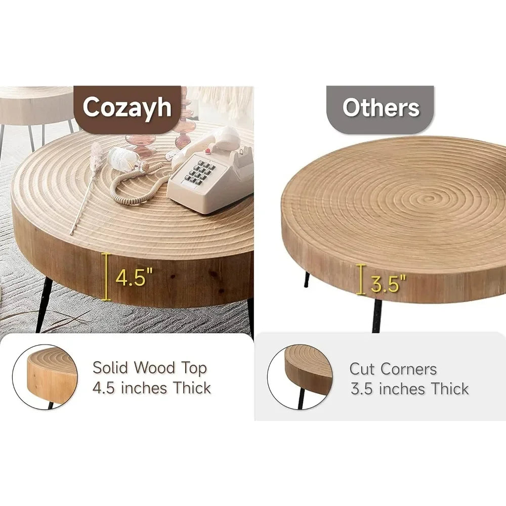 Cozayh rustic wooden coffee table with round solid wood top and black metal legs for living room use