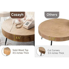Cozayh rustic wooden coffee table with round solid wood top and black metal legs for living room use