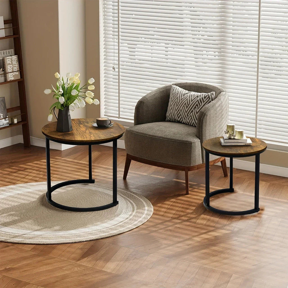 Nesting Coffee Table Set of 2, Round Coffee Table with Wood Grain Top, Non-slip, Industrial Grade Side Table, Suitable for Living Room, Bedroom, Balcony, Courtyard House Of Avana [[SKU:HOA-COF-014]]
