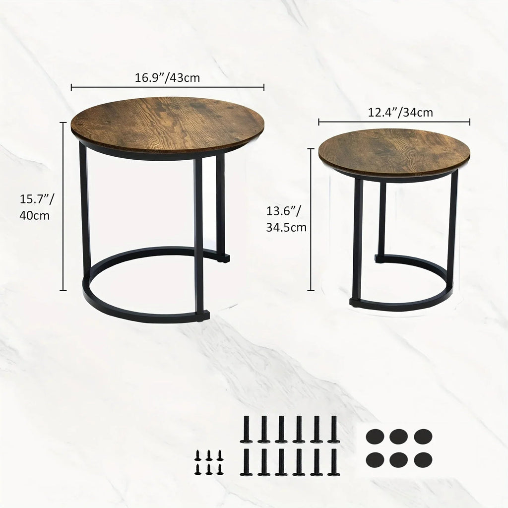Nesting Coffee Table Set of 2, Round Coffee Table with Wood Grain Top, Non-slip, Industrial Grade Side Table, Suitable for Living Room, Bedroom, Balcony, Courtyard House Of Avana [[SKU:HOA-COF-014]]