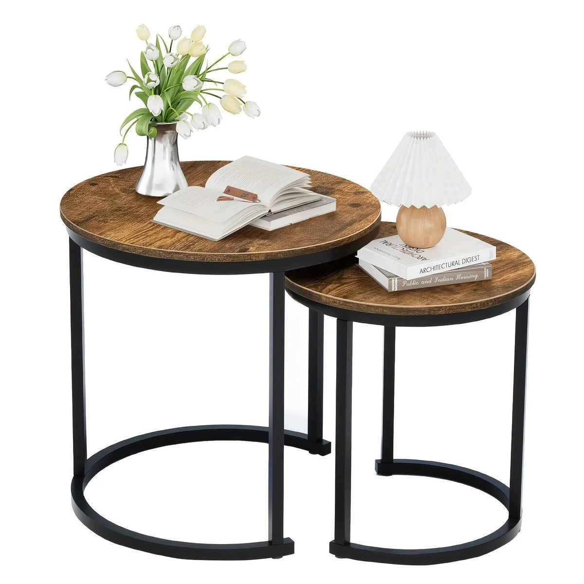 Nesting Coffee Table Set of 2, Round Coffee Table with Wood Grain Top, Non-slip, Industrial Grade Side Table, Suitable for Living Room, Bedroom, Balcony, Courtyard House Of Avana [[SKU:HOA-COF-014]]