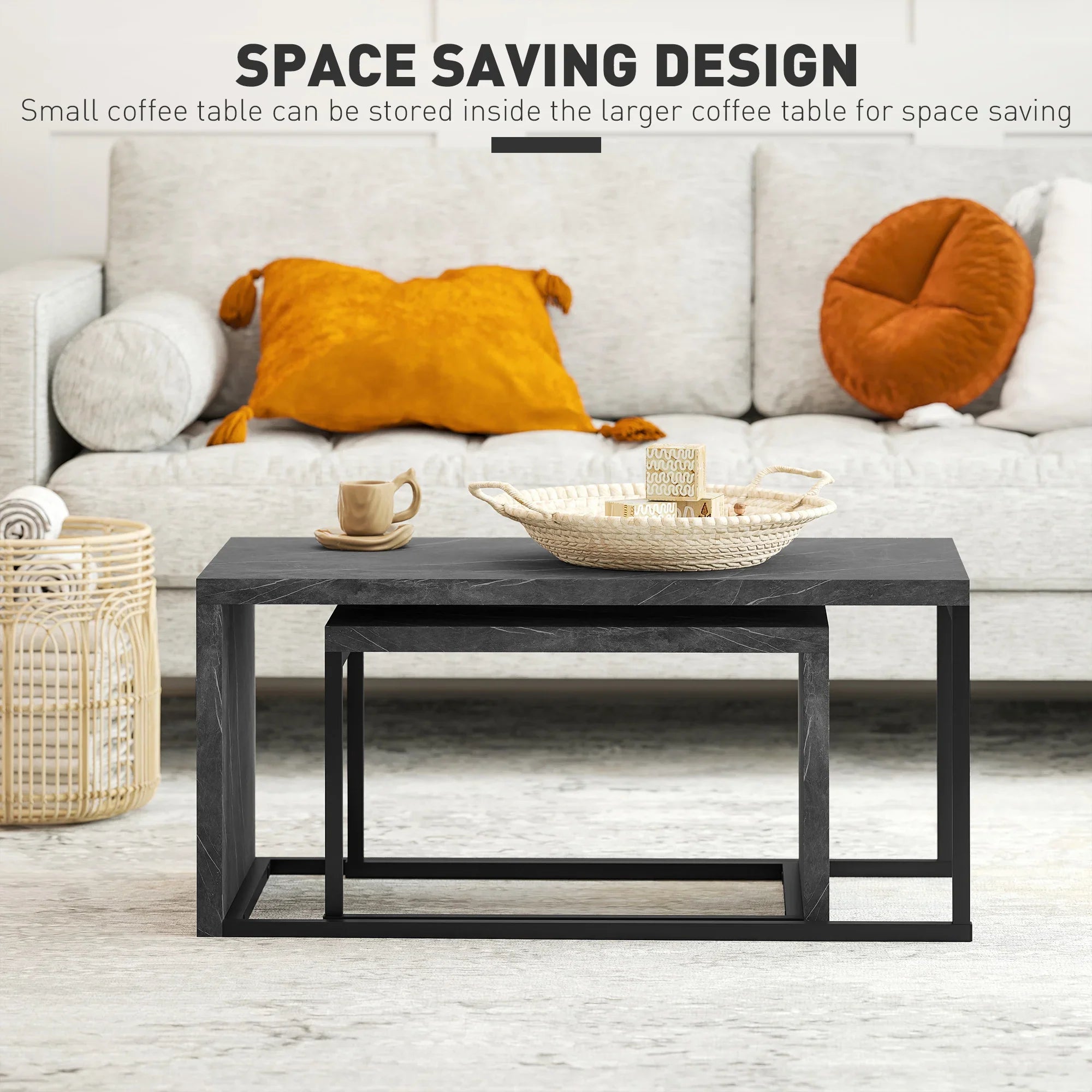 Coffee Tables Nesting Table Set of Side Table W/ Metal Frame for Living Room Bedroom Black & Brown - House Of Avana