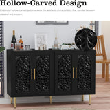 Black hollow-carved cabinet with gold legs in a room setting