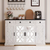 White sideboard with decorative glass doors in a home setting.