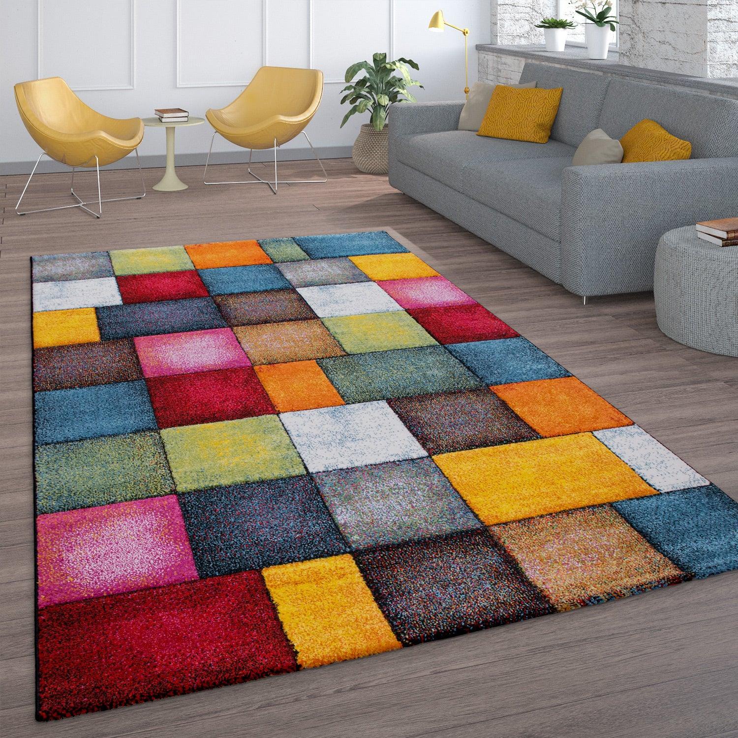 Colorful Area Rug Smaragd Checkered with Geometric Squares, front view - House Of Avana