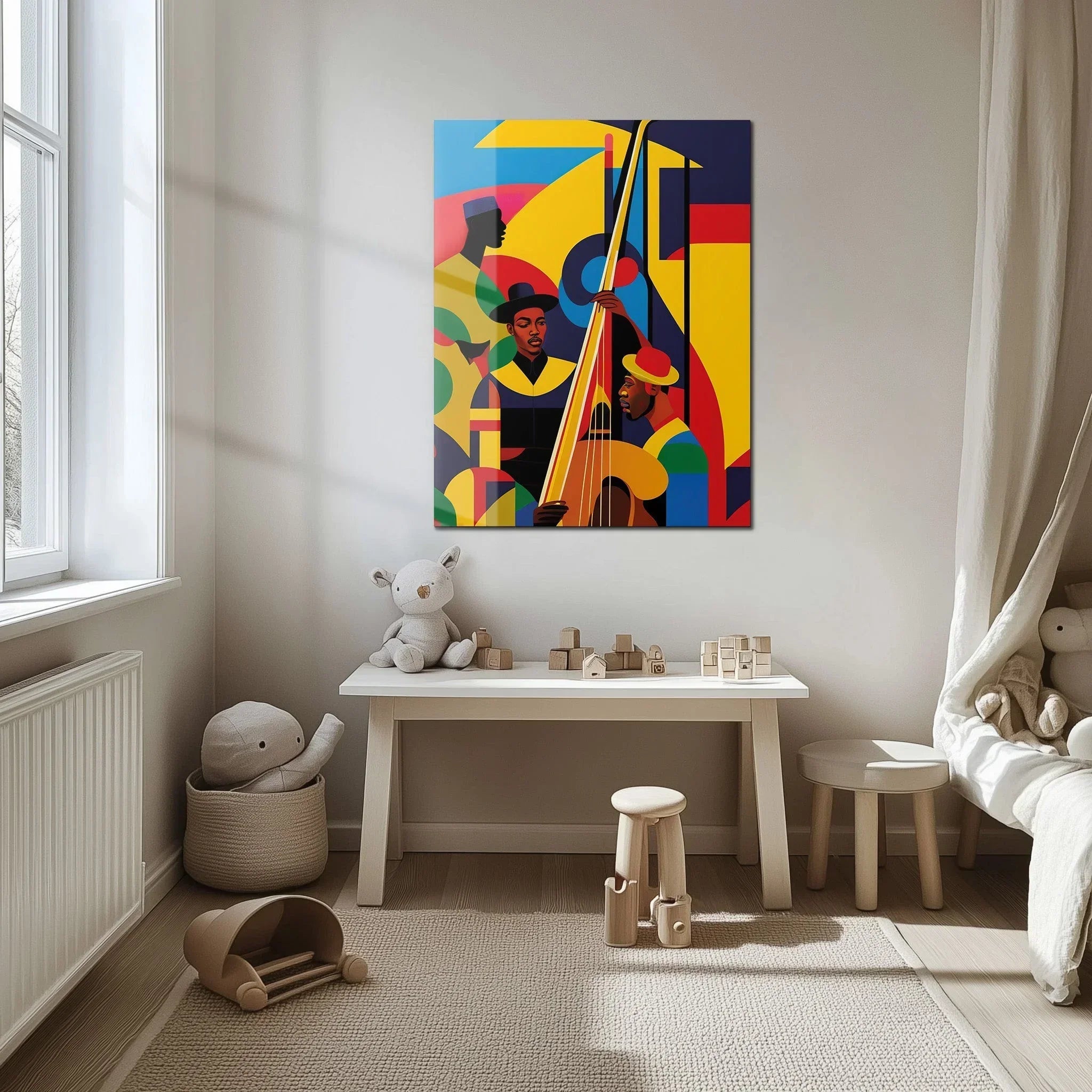 Colorful Jazz Musicians Glass Wall Art – Bold Abstract UV Print for Music Lovers-KAFCD022 Peony Atelier