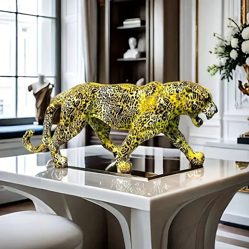 Leopard Statue - Colorful Figurine Wild Design, front view - House Of Avana