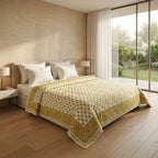 Cream & Mustard Yellow Jaipur Indian hand block print floral quilted comforter | Jaipur Indian hand block print cotton muslin quilted comforter | Sanganer floral block print bedding | Queen King size quilt India | House of Avana