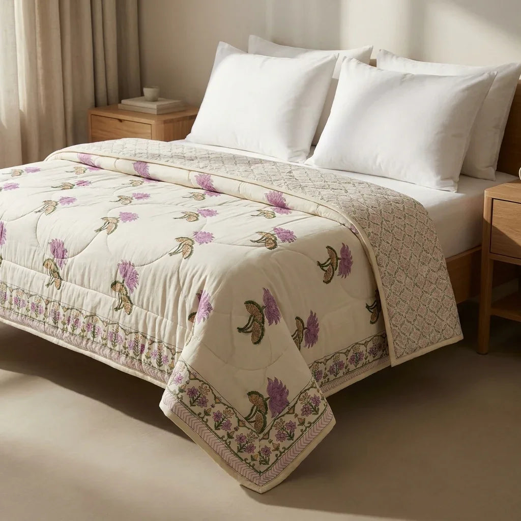Cream & Mauve Jaipur Indian hand block print floral quilted comforter | hand block printed muslin cotton quilt Jaipur India | Indian handicraft bedding | Sanganer floral comforter Queen King | artisan block print | House of Avana