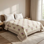 Cream & Mauve Jaipur Indian hand block print floral quilted comforter | Indian handicraft Jaipur hand block print cotton muslin comforter | floral quilted bedspread Sanganer | block print Queen King bedding India | House of Avana