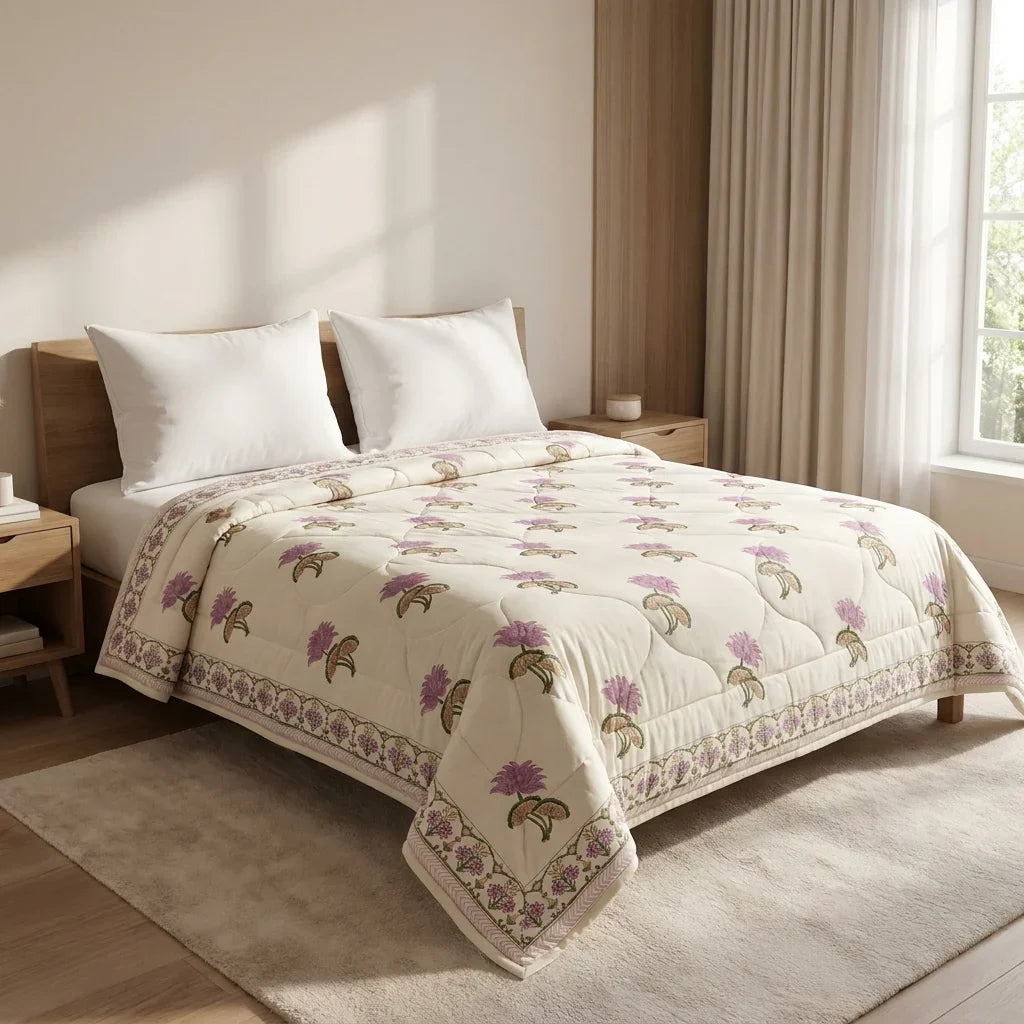 Cream & Mauve Jaipur Indian hand block print floral quilted comforter | Indian handicraft Jaipur hand block print cotton muslin comforter | floral quilted bedspread Sanganer | block print Queen King bedding India | House of Avana