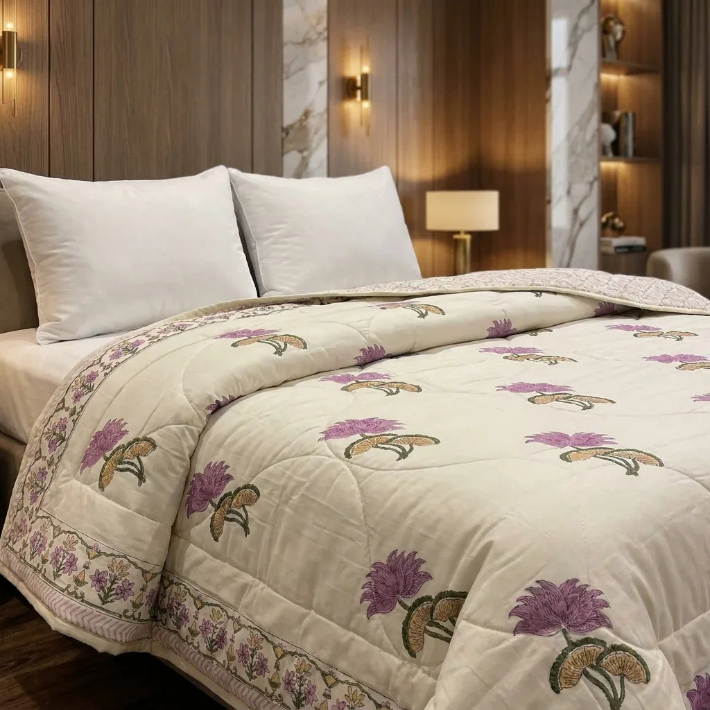 Cream & Mauve Jaipur Indian hand block print floral quilted comforter | Jaipur Indian block print cotton muslin quilted comforter | Sanganer hand block print floral bedding | quilt Queen King size India handicraft | House of Avana