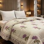 Cream & Mauve Jaipur Indian hand block print floral quilted comforter | Jaipur Indian block print cotton muslin quilted comforter | Sanganer hand block print floral bedding | quilt Queen King size India handicraft | House of Avana