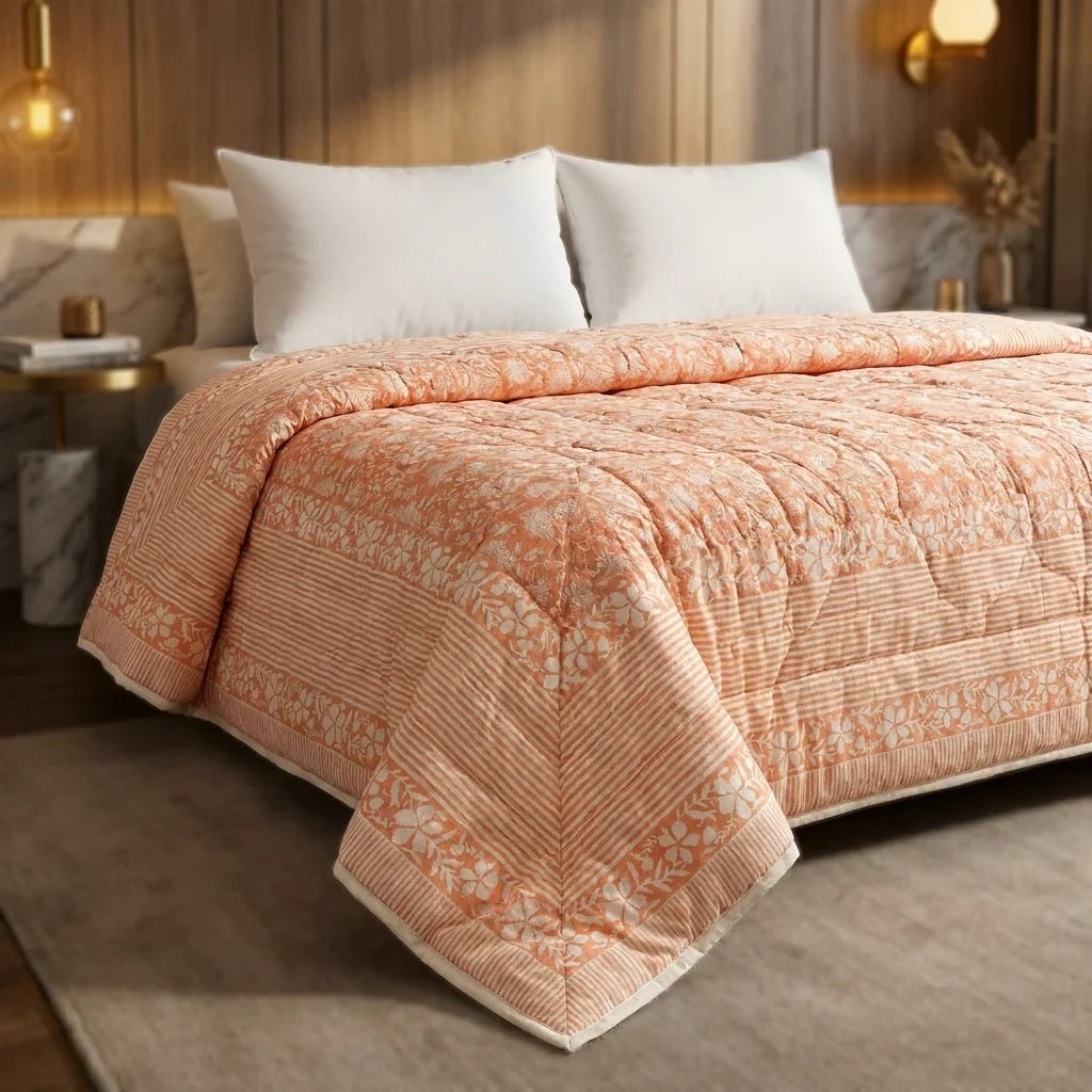 Peach & Cream Jaipur Indian hand block print floral quilted comforter | Jaipur Indian block print cotton muslin quilted comforter | Sanganer hand block print floral bedding | quilt Queen King size India handicraft | House of Avana