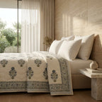 Cream & Dusty Blue Jaipur Indian hand block print floral quilted comforter | Jaipur Indian block print cotton muslin quilted comforter | Sanganer hand block print floral bedding | quilt Queen King size India handicraft | House of Avana