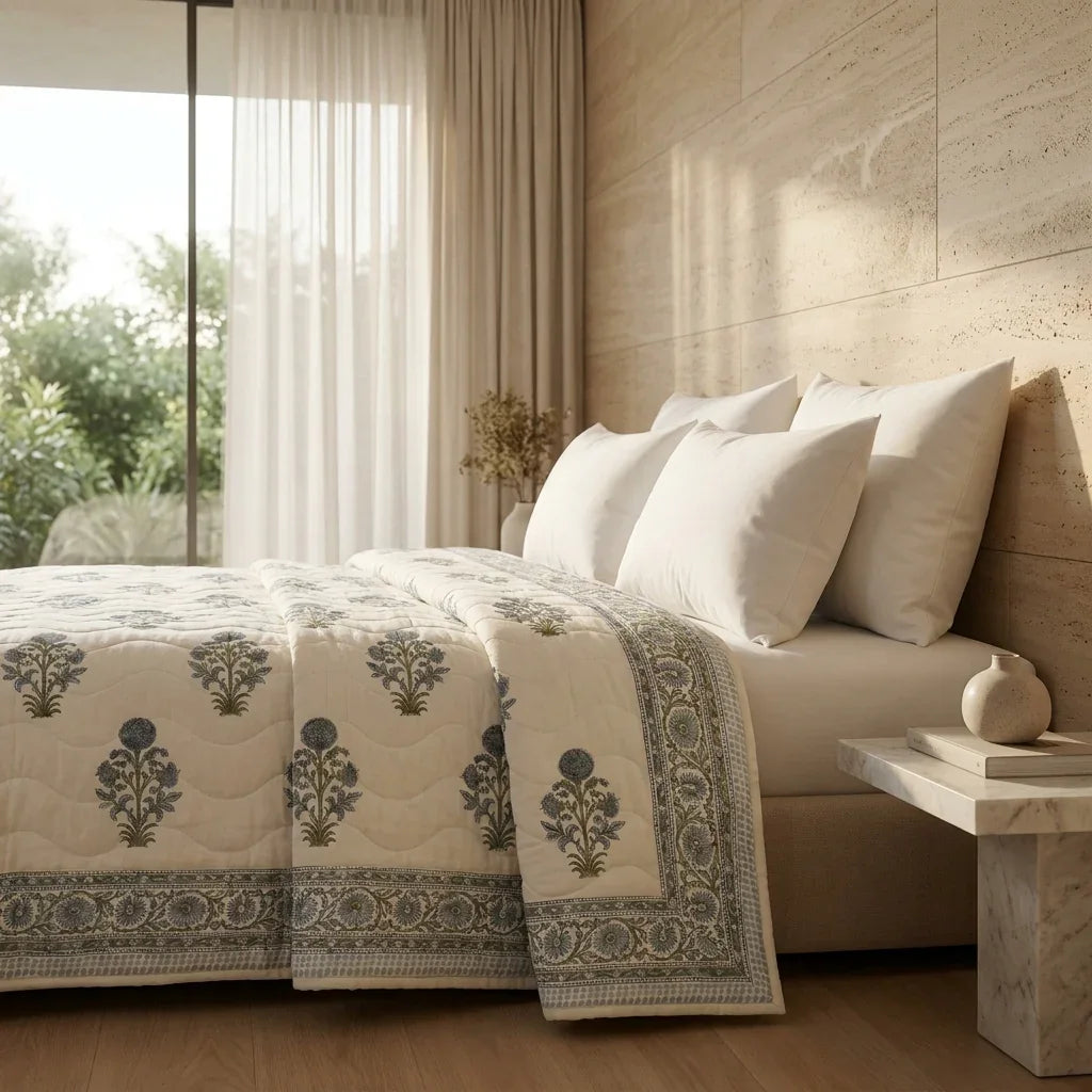 Cream & Dusty Blue Jaipur Indian hand block print floral quilted comforter | Jaipur Indian block print cotton muslin quilted comforter | Sanganer hand block print floral bedding | quilt Queen King size India handicraft | House of Avana