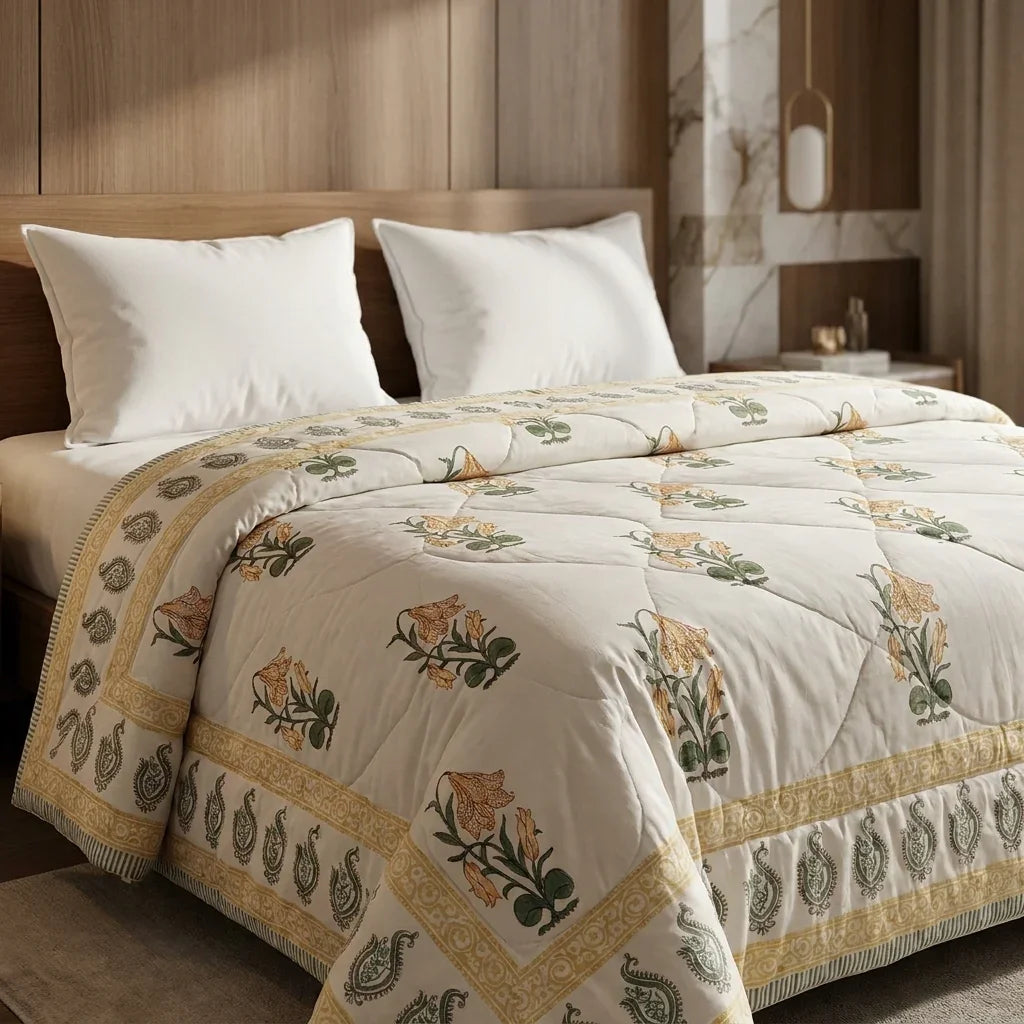 Cream & Golden Yellow Jaipur Indian hand block print floral quilted comforter | Indian handicraft Jaipur hand block print cotton muslin comforter | floral quilted bedspread Sanganer | block print Queen King bedding India | House of Avana