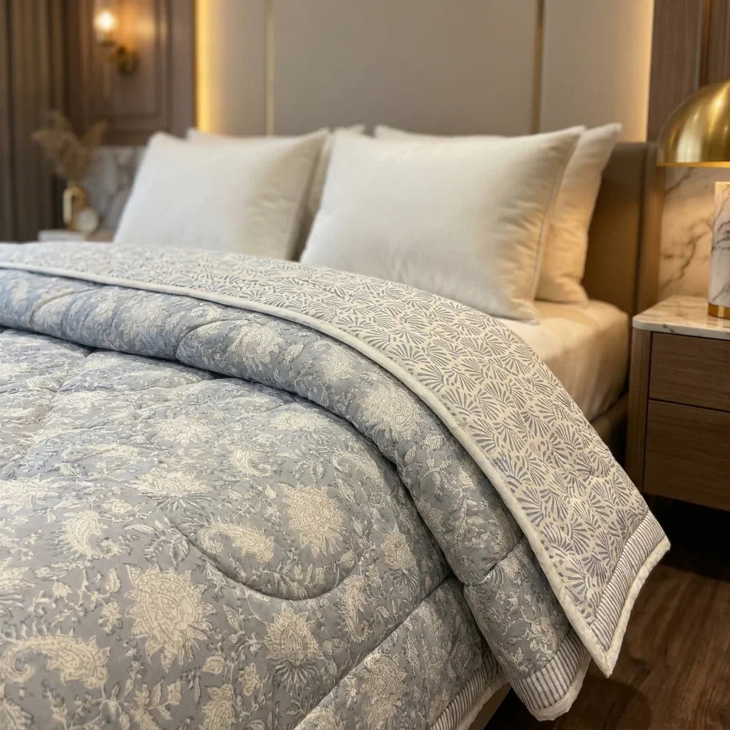 Soft Grey & Cream Jaipur Indian hand block print floral quilted comforter | Indian handicraft Jaipur hand block print cotton muslin comforter | floral quilted bedspread Sanganer | block print Queen King bedding India | House of Avana
