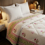 Cream & Deep Rose Olive Jaipur Indian hand block print floral quilted comforter | Indian handicraft Jaipur hand block print cotton muslin comforter | floral quilted bedspread Sanganer | block print Queen King bedding India | House of Avana