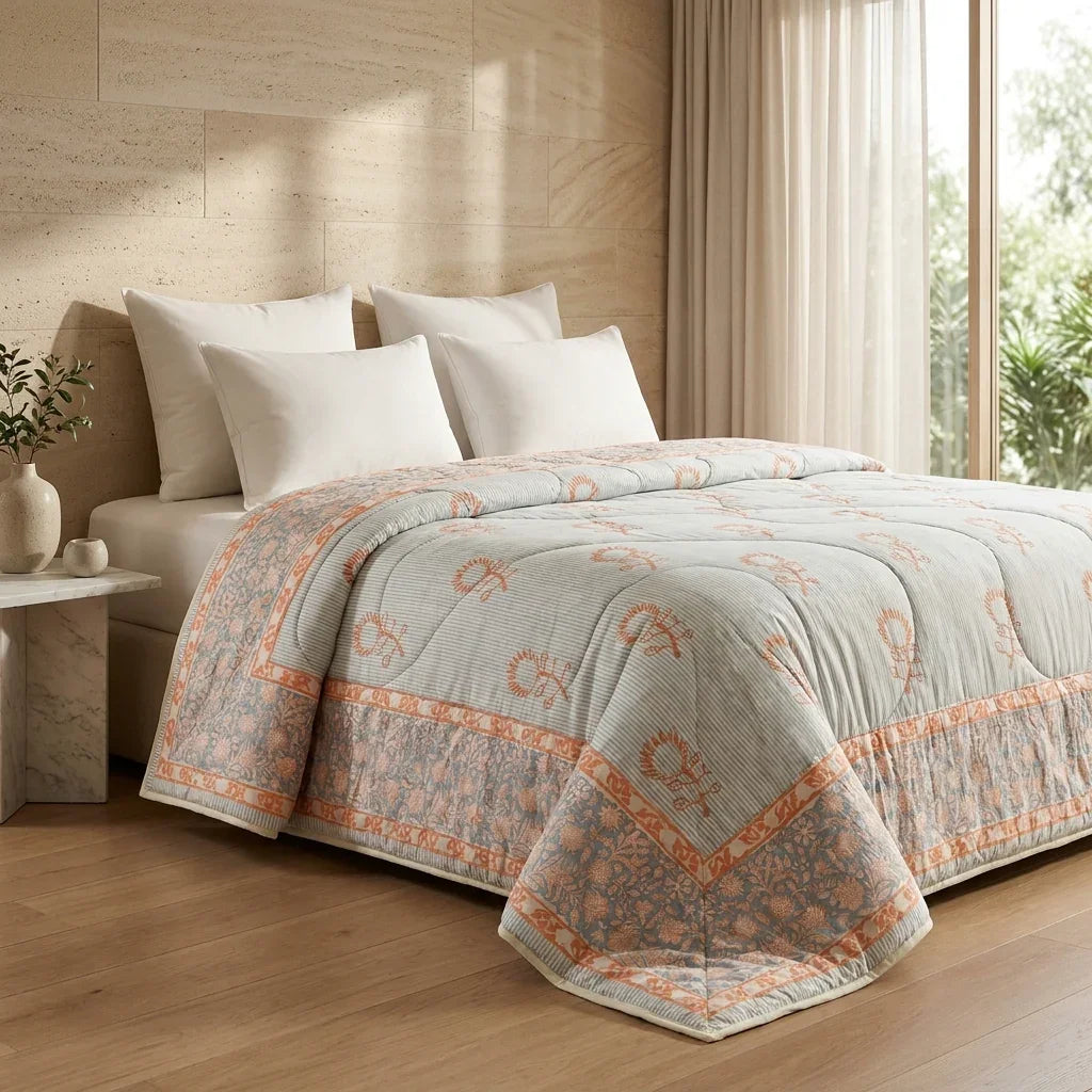 Cream & Golden Yellow Olive Jaipur Indian hand block print floral quilted comforter | Jaipur Indian block print cotton muslin quilted comforter | Sanganer hand block print floral bedding | quilt Queen King size India handicraft | House of Avana