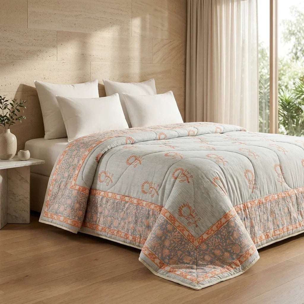 Cream & Golden Yellow Olive Jaipur Indian hand block print floral quilted comforter | Jaipur Indian block print cotton muslin quilted comforter | Sanganer hand block print floral bedding | quilt Queen King size India handicraft | House of Avana [[SKU:HOA-COM-GYOG-015]]