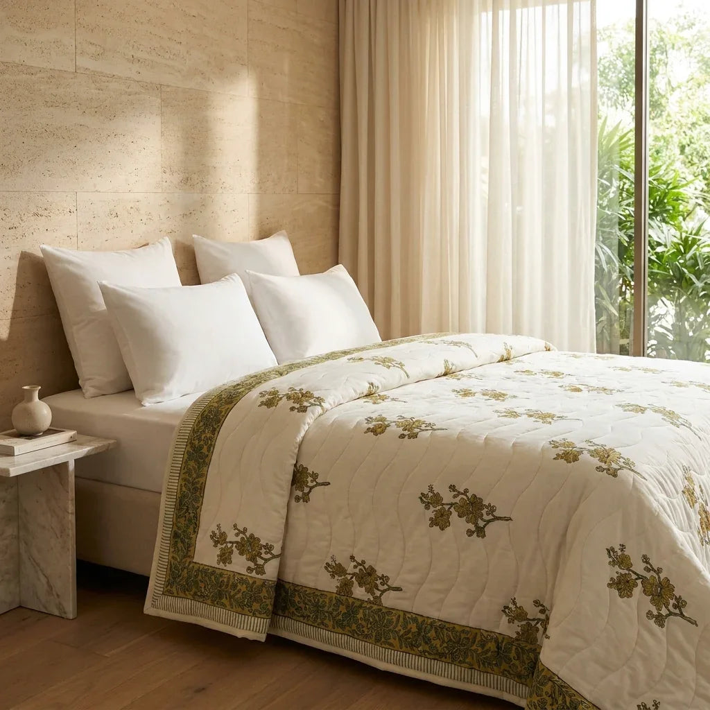 Cream & Mustard Yellow Olive Jaipur Indian hand block print floral quilted comforter | Jaipur Indian block print cotton muslin quilted comforter | Sanganer hand block print floral bedding | quilt Queen King size India handicraft | House of Avana