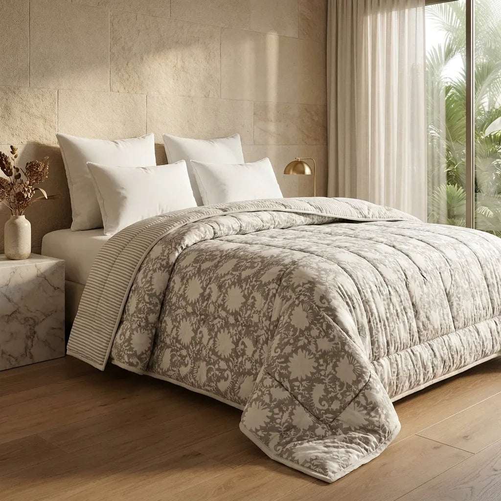 Cream & Rust Purple Jaipur Indian hand block print floral quilted comforter | Jaipur Indian block print cotton muslin quilted comforter | Sanganer hand block print floral bedding | quilt Queen King size India handicraft | House of Avana [[SKU:HOA-COM-RSPG-019]]