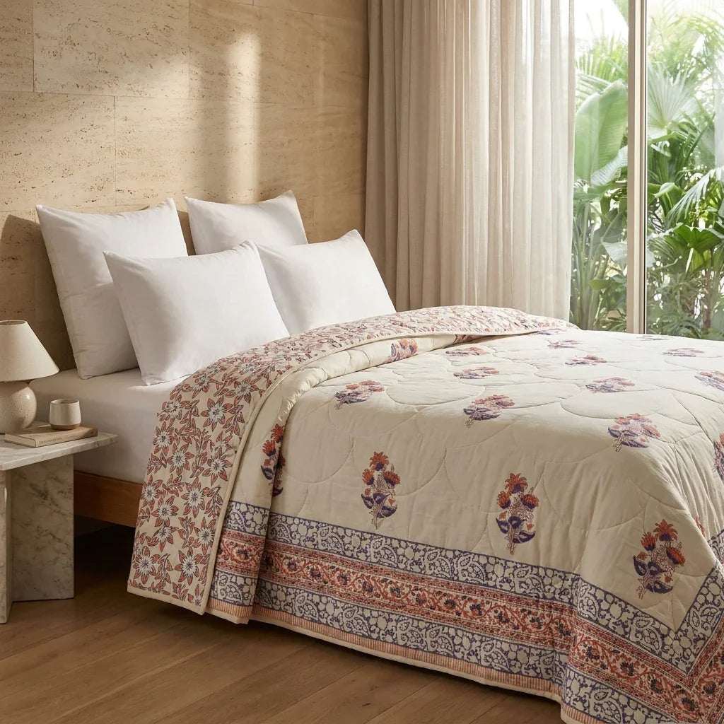 Lavender Grey & Cream Jaipur Indian hand block print floral quilted comforter | Jaipur Indian block print cotton muslin quilted comforter | Sanganer hand block print floral bedding | quilt Queen King size India handicraft | House of Avana [[SKU:HOA-COM-LVCR-020]]