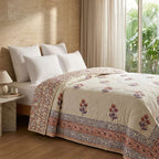 Lavender Grey & Cream Jaipur Indian hand block print floral quilted comforter | Jaipur Indian block print cotton muslin quilted comforter | Sanganer hand block print floral bedding | quilt Queen King size India handicraft | House of Avana [[SKU:HOA-COM-LVCR-020]]
