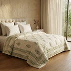 Sage Green & Cream Mauve Jaipur Indian hand block print floral quilted comforter | Indian handicraft Jaipur hand block print cotton muslin comforter | floral quilted bedspread Sanganer | block print Queen King bedding India | House of Avana