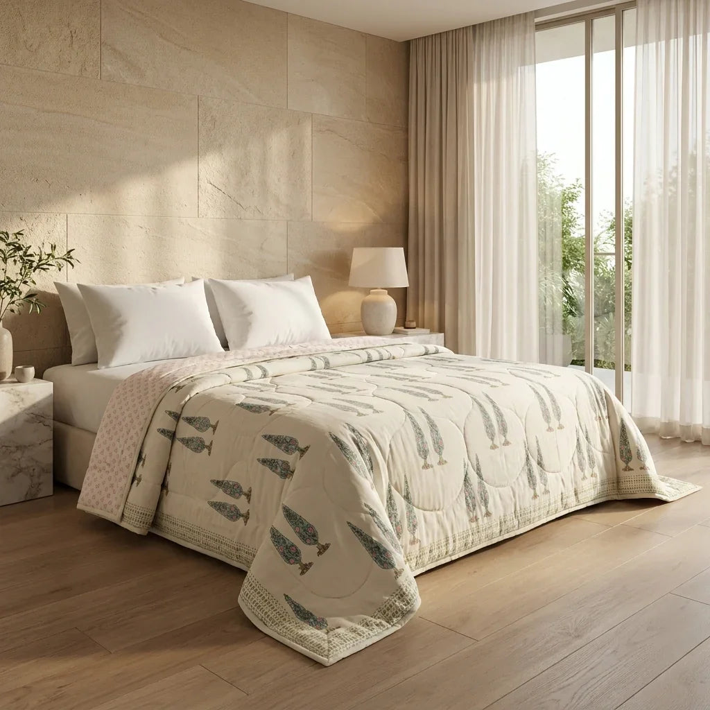 Cream & Rust Sage Jaipur Indian hand block print floral quilted comforter | hand block printed muslin cotton quilt Jaipur India | Indian handicraft bedding | Sanganer floral comforter Queen King | artisan block print | House of Avana