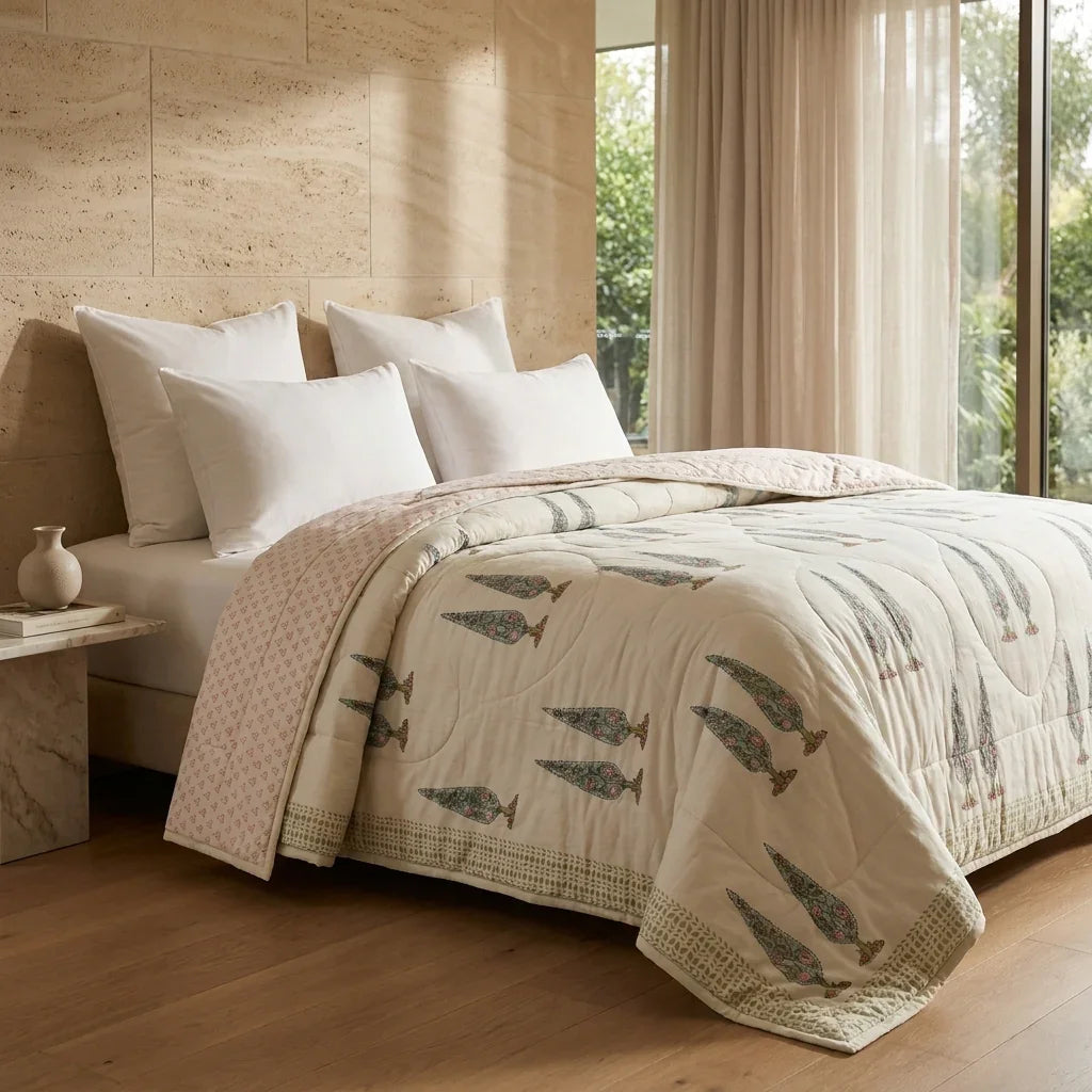 Cream & Rust Sage Jaipur Indian hand block print floral quilted comforter | Jaipur Indian block print cotton muslin quilted comforter | Sanganer hand block print floral bedding | quilt Queen King size India handicraft | House of Avana