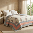 Cream & Dusty Blue Mauve Jaipur Indian hand block print floral quilted comforter | Jaipur Indian block print cotton muslin quilted comforter | Sanganer hand block print floral bedding | quilt Queen King size India handicraft | House of Avana