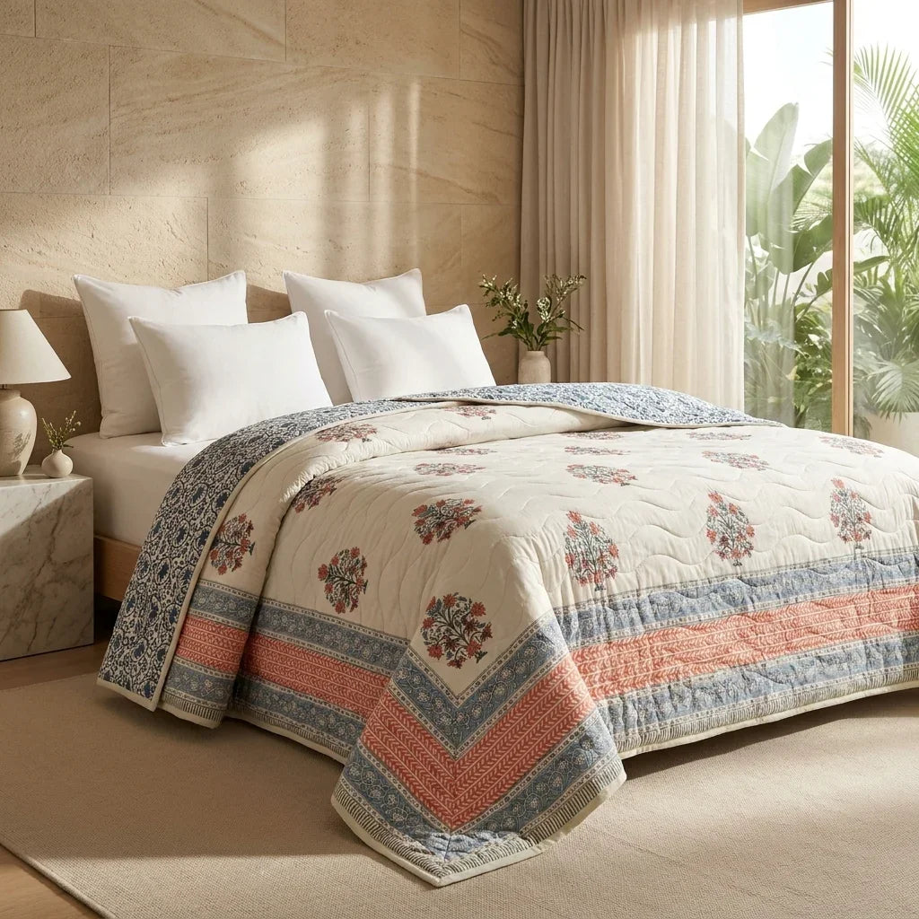 Cream & Dusty Blue Mauve Jaipur Indian hand block print floral quilted comforter | Jaipur Indian block print cotton muslin quilted comforter | Sanganer hand block print floral bedding | quilt Queen King size India handicraft | House of Avana