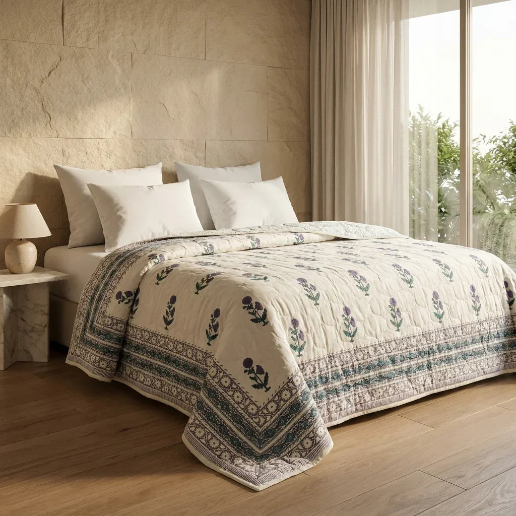 Cream & Indigo Blue Jaipur Indian hand block print floral quilted comforter | Jaipur Indian block print cotton muslin quilted comforter | Sanganer hand block print floral bedding | quilt Queen King size India handicraft | House of Avana