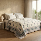 Cream & Indigo Blue Jaipur Indian hand block print floral quilted comforter | Jaipur Indian block print cotton muslin quilted comforter | Sanganer hand block print floral bedding | quilt Queen King size India handicraft | House of Avana