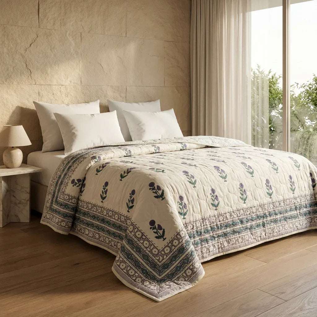 Cream & Indigo Blue Jaipur Indian hand block print floral quilted comforter | Jaipur Indian block print cotton muslin quilted comforter | Sanganer hand block print floral bedding | quilt Queen King size India handicraft | House of Avana [[SKU:HOA-COM-IBTL-002-Q]]