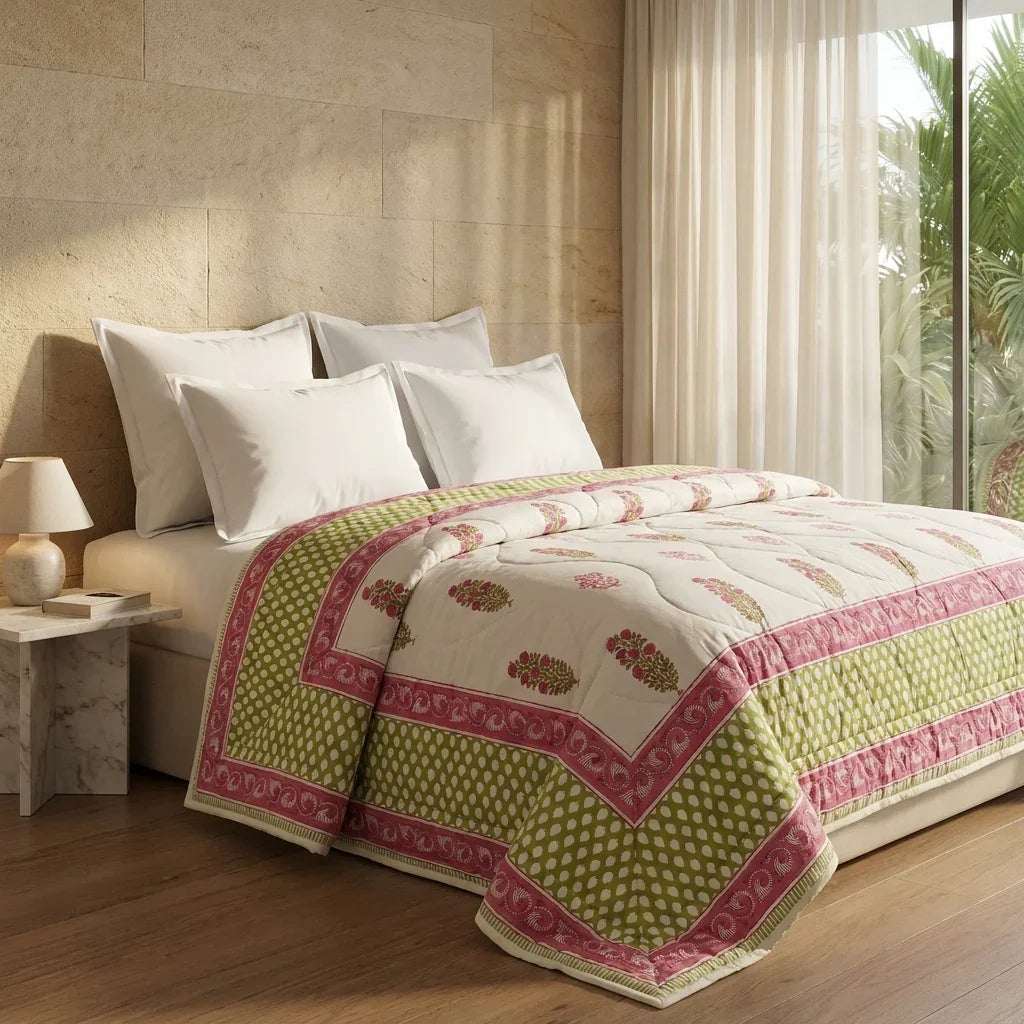 Cream & Deep Rose Jaipur Indian hand block print floral quilted comforter | Jaipur Indian block print cotton muslin quilted comforter | Sanganer hand block print floral bedding | quilt Queen King size India handicraft | House of Avana [[SKU:HOA-COM-DROG-003-Q]]