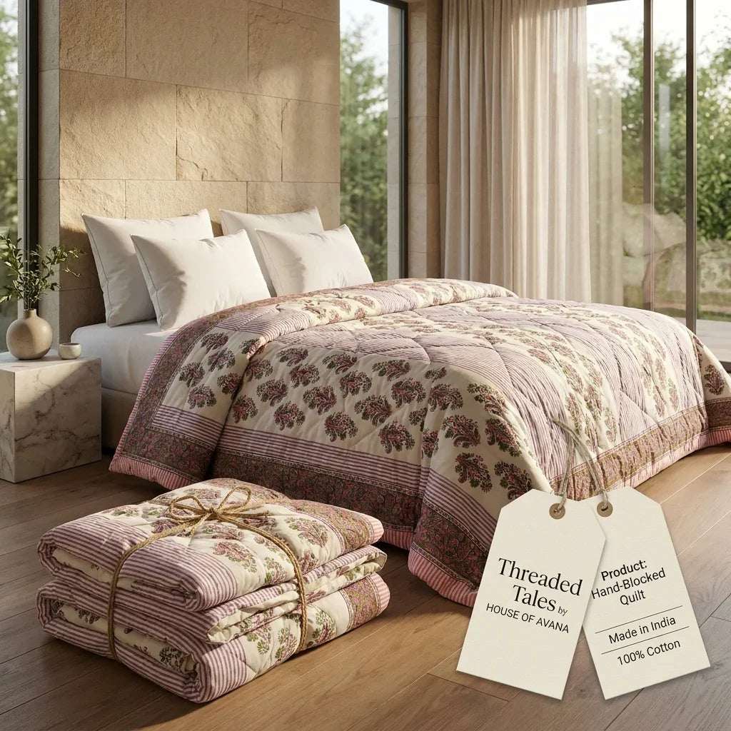 Cream & Deep Pink Jaipur Indian hand block print floral quilted comforter | Indian handicraft Jaipur hand block print cotton muslin comforter | floral quilted bedspread Sanganer | block print Queen King bedding India | House of Avana [[SKU:HOA-COM-DPOG-005]]