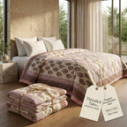 Cream & Deep Pink Jaipur Indian hand block print floral quilted comforter | Jaipur Indian hand block print cotton muslin quilted comforter | Sanganer floral block print bedding | Queen King size quilt India | House of Avana
