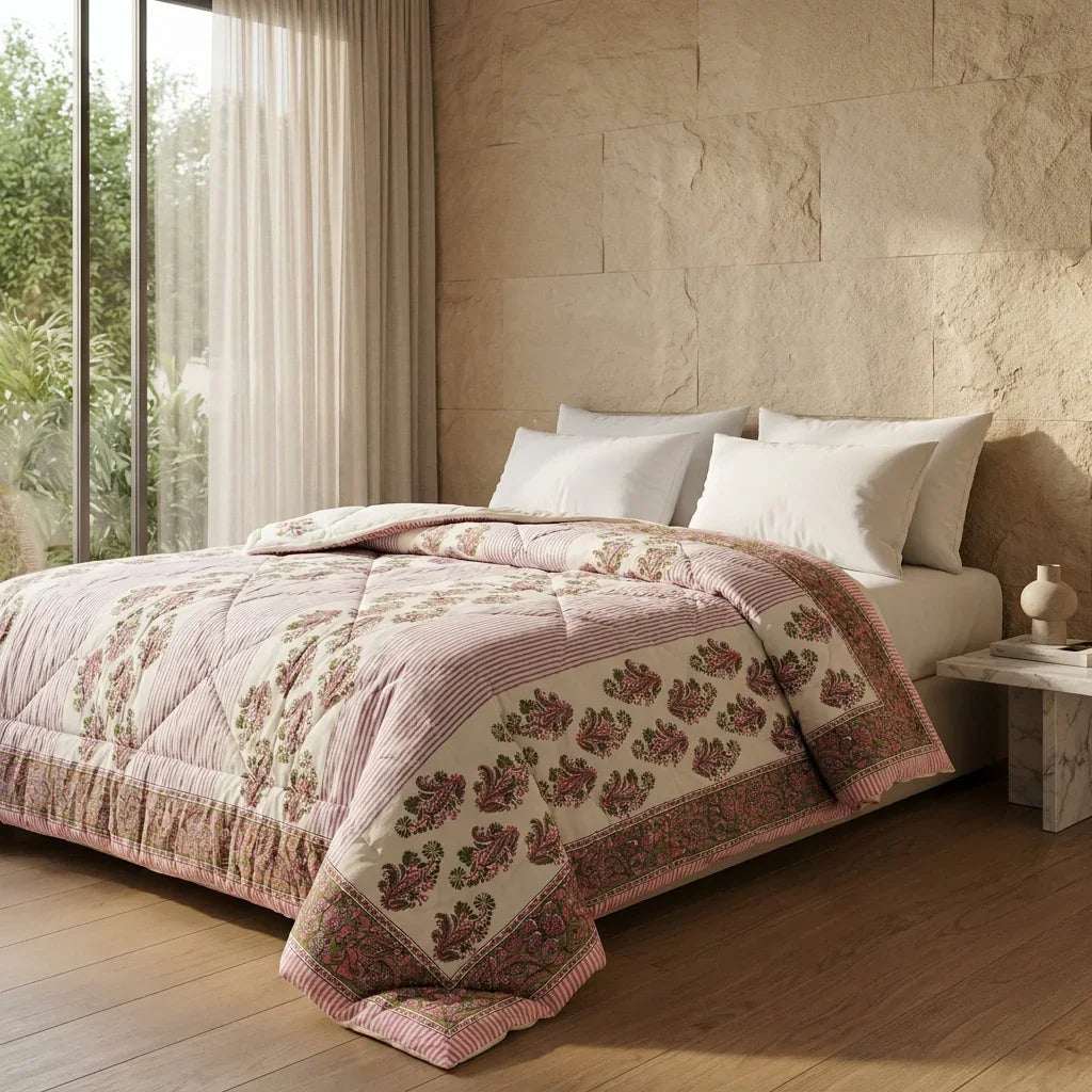 Cream & Deep Pink Jaipur Indian hand block print floral quilted comforter | hand block printed muslin cotton quilt Jaipur India | Indian handicraft bedding | Sanganer floral comforter Queen King | artisan block print | House of Avana [[SKU:HOA-COM-DPOG-005]]