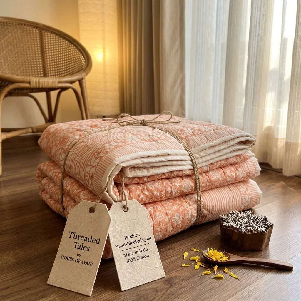 Peach & Cream Jaipur Indian hand block print floral quilted comforter | Jaipur Indian hand block print cotton muslin quilted comforter | Sanganer floral block print bedding | Queen King size quilt India | House of Avana [[SKU:HOA-COM-PECH-008]]